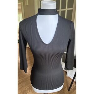 Bebe Y2K Choker Knit Top Black Ribbed 3/4 Sleeve XS Sexy Slim Fit NWT